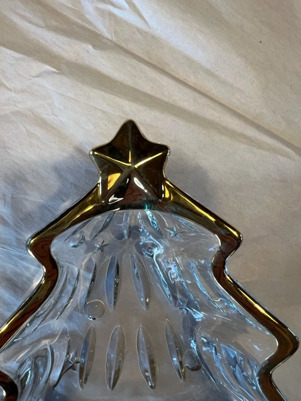 Glass Christmas Tree Dish with Gold Trim